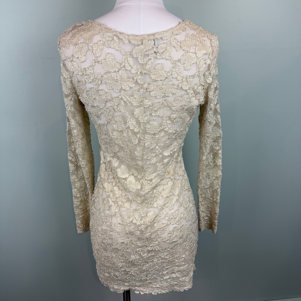 Vintage 90’s MICHI Cream Lace pearl buttons Long Sleeve Mini cocktail Dress Med - Picture 5 of 8